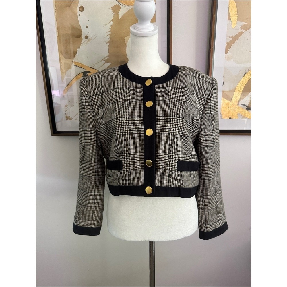 Escada Margaretha Ley black white plaid cropped jacket black trim gold buttons